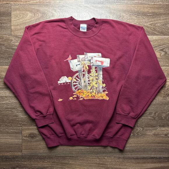 Gildan Sweaters - Y2K Burgundy Fall Mailbox Crewneck Sweatshirt with Graphic of a Mailbox